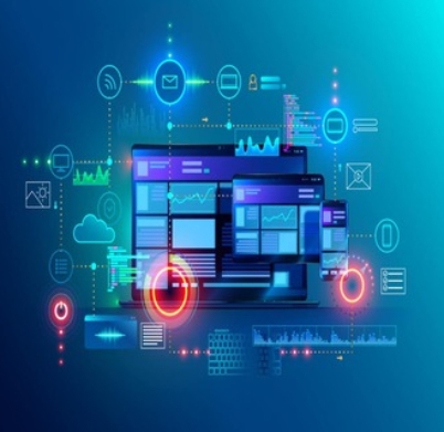 Cross platform website, app design development on laptop, phone, tablet. Technology of create software, code of mobile applications. Programming responsive layout of graphic interface, ui, ux concept.